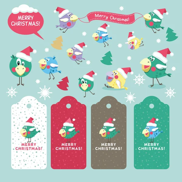 クリスマスと新年。お祭りのデザイン。面白いカラフルな鳥、クリスマス ツリー、お祝いラベル. — ストックベクタ