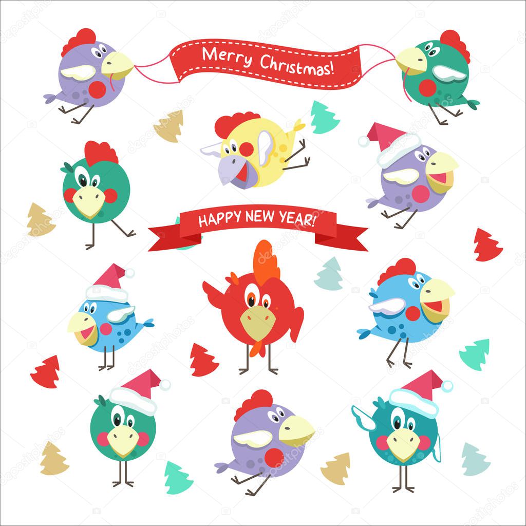 Christmas and New year. Festive design. Fun birds, cocks and hen