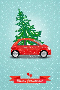 Kırmızı araba Noel ağacı taşır. Vektör çizim. Mutlu Noeller!