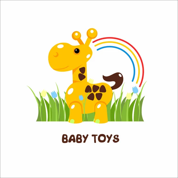 Joue les enfants. Signe vectoriel, le logo du magasin de jouets. Girafe jouet sur l'herbe — Image vectorielle