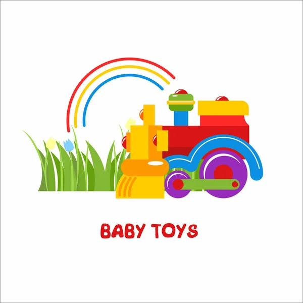 Oyuncak çocuklar. Vektör işareti, oyuncakçı logosu. Çocuklar renkli tren oyuncakları. — Stok Vektör