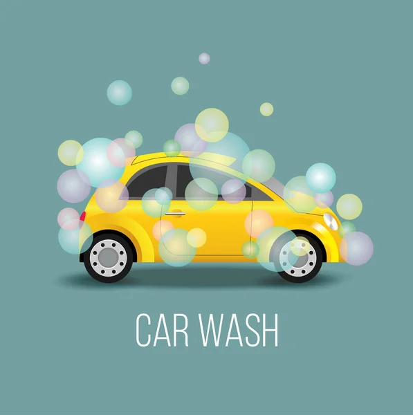 Car wash vectorillustratie. De gele auto in multi-gekleurde zeepbellen — Stockvector