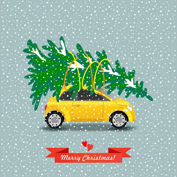 Frohe Weihnachten! Vektorillustration. das gelbe Auto trägt einen Weihnachtsbaum — kostenloses Stockfoto