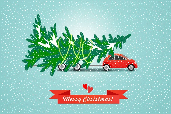 Καλά Χριστούγεννα! Κόκκινο αυτοκίνητο μεταφέρει το χριστουγεννιάτικο δέντρο. Εικονογράφηση διάνυσμα — Διανυσματικό Αρχείο