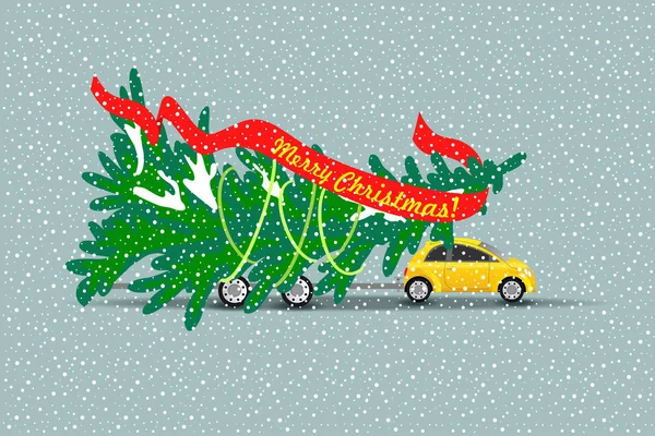 Wesołych Świąt Bożego Narodzenia! Żółty samochód prowadzi choinki. Ilustracja wektorowa — Wektor stockowy