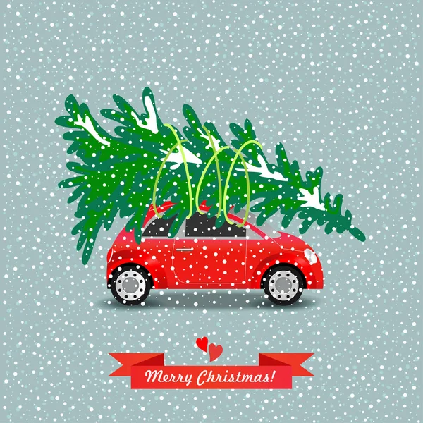 Rotes Auto trägt den Weihnachtsbaum. Vektorillustration. — Stockvektor