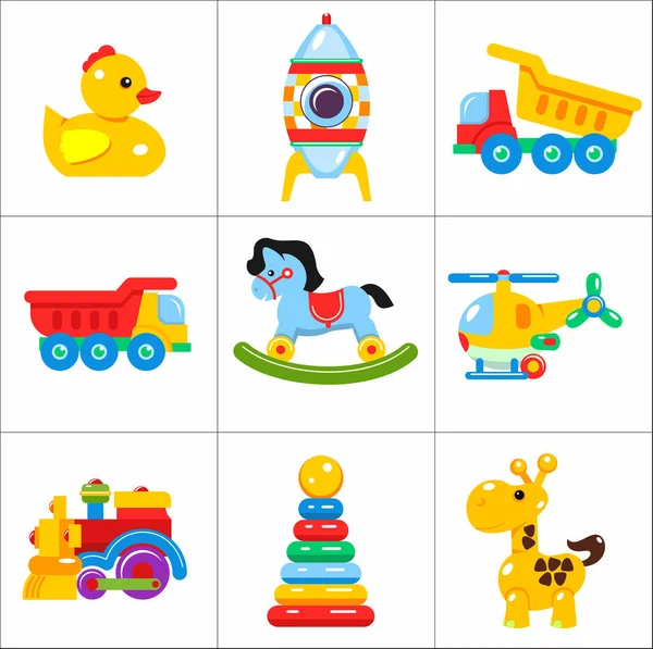 Juguetes niños. Conjunto de iconos vectoriales de juguetes infantiles. Desarrollo y educación de los niños — Vector de stock