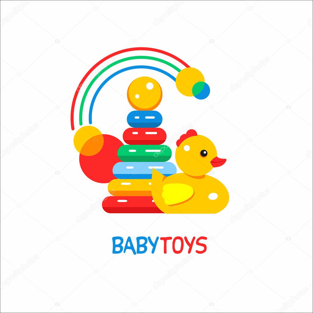 Toys kids. Vector sign, the logo for the toy store. Pyramid, ducky and the rainbow.