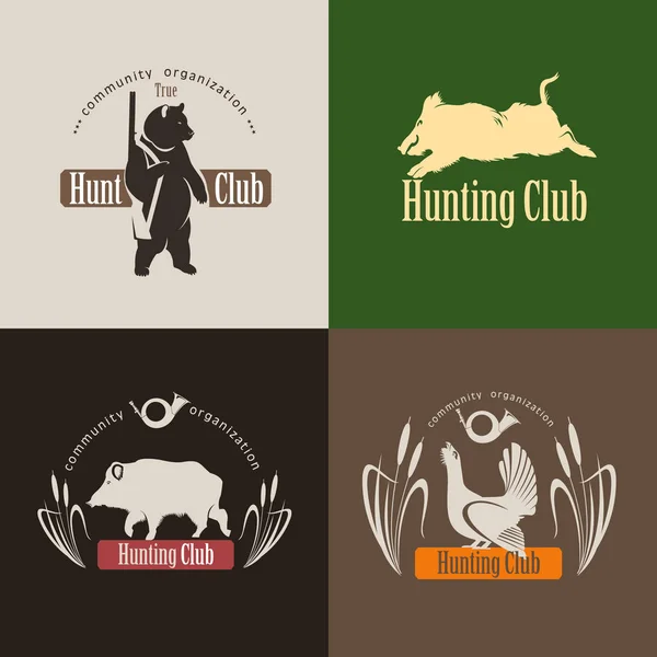 Un ensemble de logos, emblèmes club de chasse. Sanglier, ours avec fusil de chasse, tétras — Image vectorielle