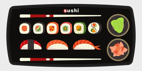 Ένα σύνολο από σούσι σε ένα πιάτο, εικονογράφηση φορέα. Ασιατικά τρόφιμα. Απομονωθεί σε λευκό φόντο. — Διανυσματικό Αρχείο
