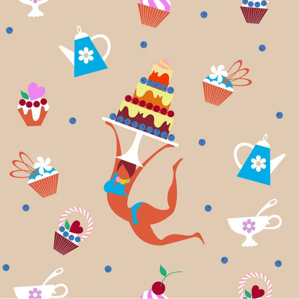 Seamless pattern. Girl and confectionery. Vector illustration. — Stock Vector