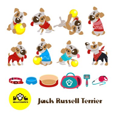 Sekiz komik giysilerle Jack Russell Terrier köpekler. Giyim ve Aksesuar köpekler için. Beyaz arka plan üzerinde izole vektör çizim.