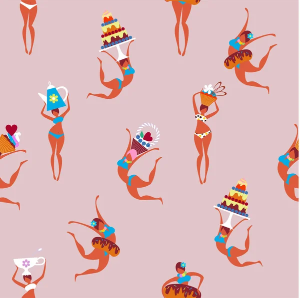 Seamless pattern, sweets, pastries, cakes and beautiful girls. Vector illustration. — Free Stock Photo