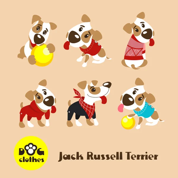 Sechs lustige Hunde jacken Russel Terrier in Klamotten. Kleidung für Hunde. Vektorillustration. — Stockvektor