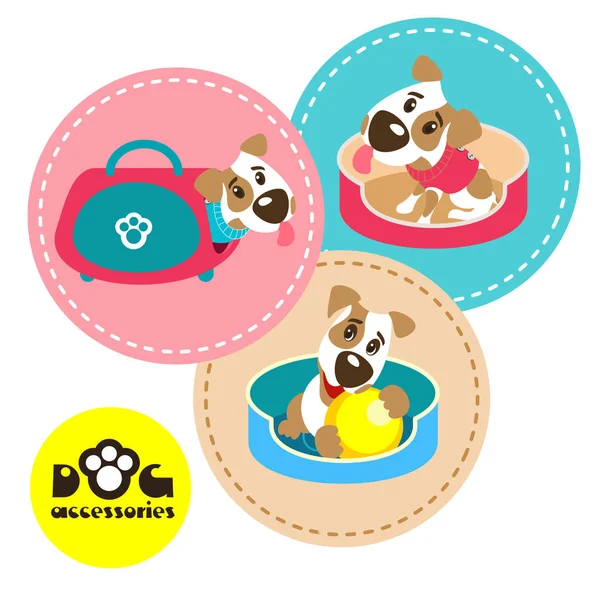 Le set de trois étiquettes avec des chiens drôles Jack Russell Terrier au lit. Accessoires pour chiens. Illustration vectorielle . — Image vectorielle