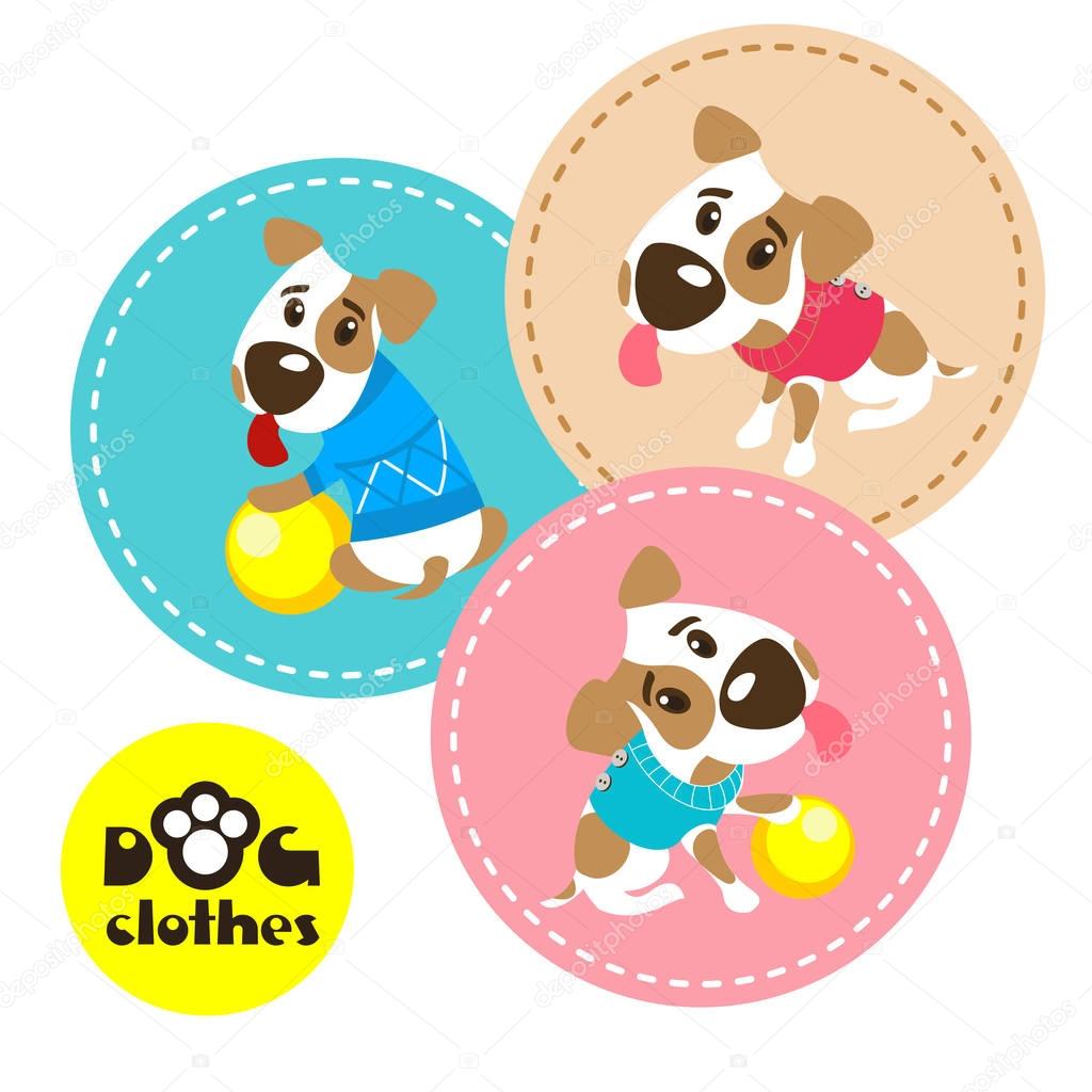 Clothing for dogs. Set of three labels with funny dogs Jack Russell Terrier in clothes.  Vector illustration.