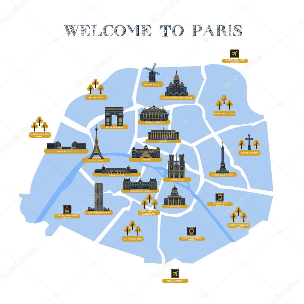 Detailed vector map of the city of Paris with pictograms attractions. The famous palaces, cathedrals, parks, museums, monuments.