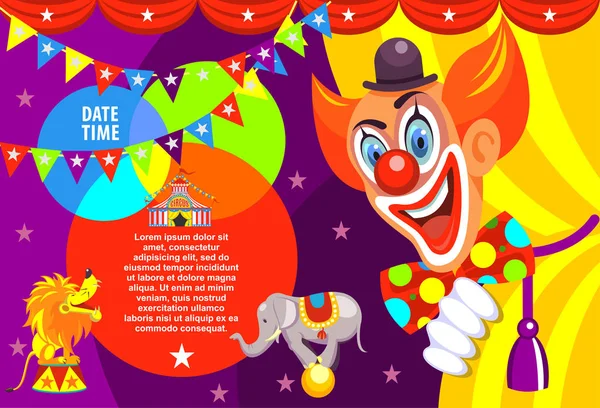 Plakát z cirkusu. Happy klaun vás zve do cirkusu. Vektorové ilustrace. — Stockový vektor