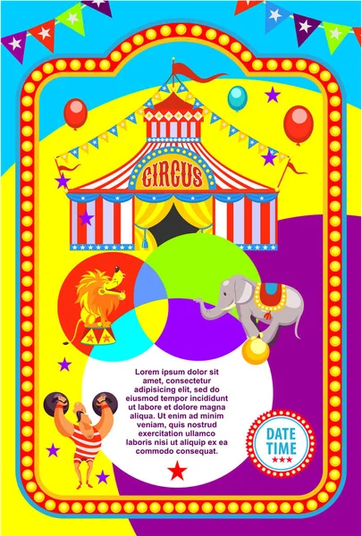 Circus poster. Trained animals, strong man with weights. Vector illustration. — Stock Vector