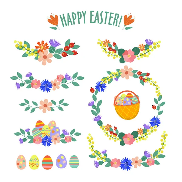 Sada jarní a velikonoční prvky. Květiny, malovaná vajíčka, koš vajíček. Veselé velikonoce! — Stockový vektor