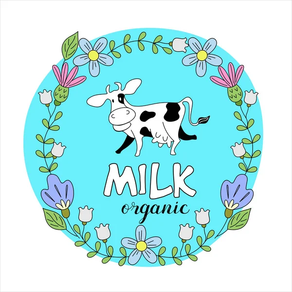 Vaca graciosa en un marco de flores silvestres. Ilustración vectorial. Logotipo de leche y productos lácteos . — Vector de stock