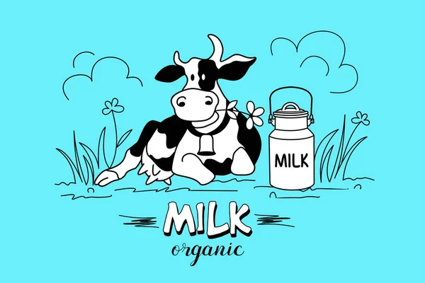 La vaca en el prado. Vector monocromo ilustración dibujada a mano. Productos lácteos, leche . — Vector de stock