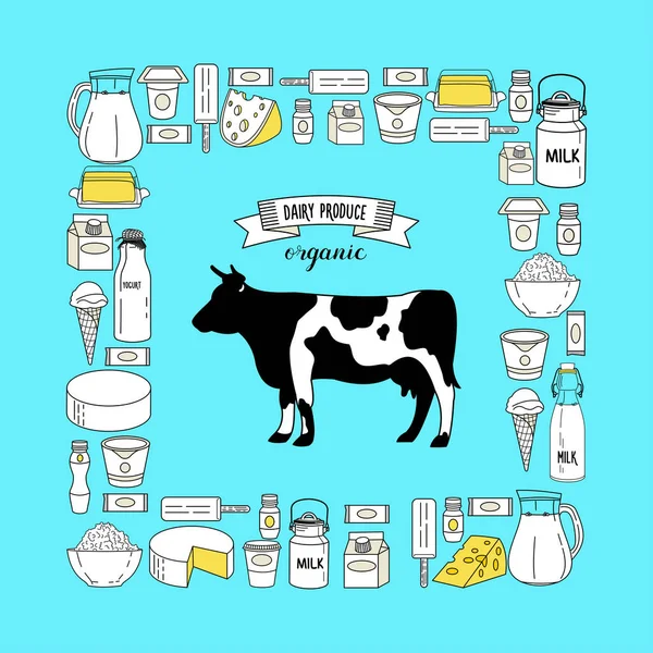 Conjunto de vacas y productos lácteos situado en el rectángulo . — Vector de stock