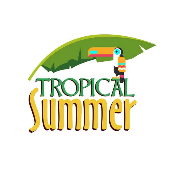 De tropische zomer. Vectorillustratie, embleem. Toekan en blad van de palm van een banaan. — Stockvector