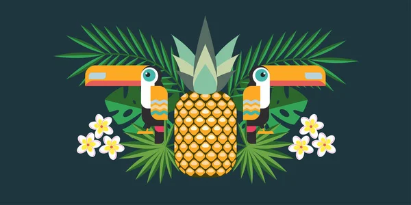 Illustration vectorielle des oiseaux tropicaux Toucans, ananas, fleurs tropicales et feuilles exotiques . — Image vectorielle