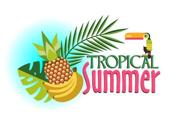 Vectorillustratie, tropische planten en exotische vogels Toucan. ummer in de tropen. Poster met ananas, banaan, tropische bladeren. — Stockvector