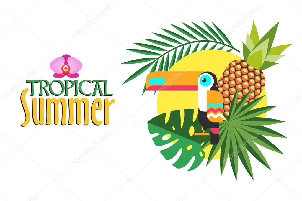 Tropical summer. Vector illustration. Tropical plants, Toucan, pineapple and sun.
