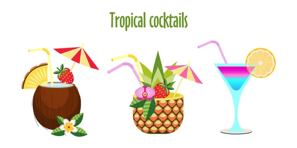 Conjunto de cocktails tropicais. Ilustração vetorial. Isolado sobre um fundo branco. Cocktail cocktail de coco em um abacaxi, cocktail colorido . —  Vetores de Stock