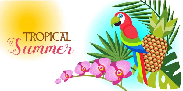 A trópusi nyár. A vektor összetétele. Fényes trópusi papagáj pálmalevelek és orchideák között. — Stock Vector