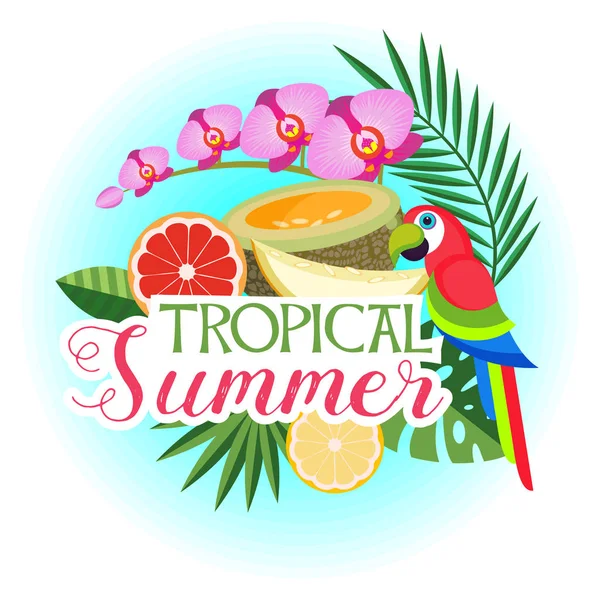 Векторная иллюстрация тропических пальмовых листьев, экзотических красочных попугаев, фруктов и цветов . — стоковый вектор