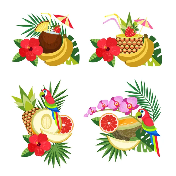 Composição vetorial com um coquetel tropical em abacaxi. Papagaios tropicais exóticos coloridos e folhas de palma . —  Vetores de Stock