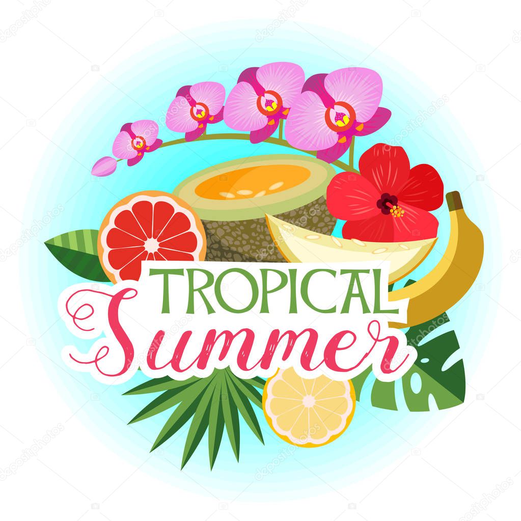 Tropical summer, vector composition. Melon, Orchid, grapefruit, banana, orange, hibiscus flower, palm leaves.