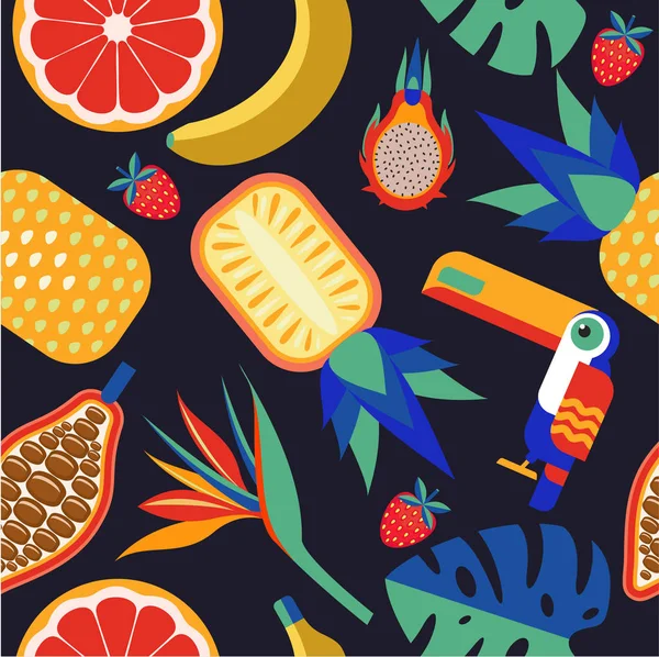 완벽 한 열 대 패턴입니다. 열 대 종 려를 가진 벡터 패턴 나뭇잎, 이국적인 과일, 새. — 무료 스톡 포토