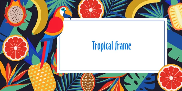 Tropisch frame met exotische palmbladeren, tropisch fruit, heldere papegaai en plaats voor tekst. Vector heldere illustratie. — Stockvector