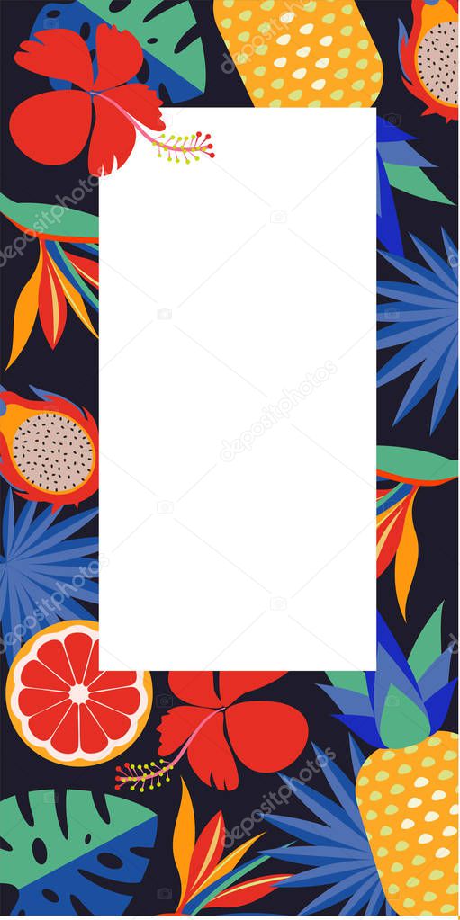 Tropical vector frame with place for text. Bright exotic flowers, palm leaves and fruit.