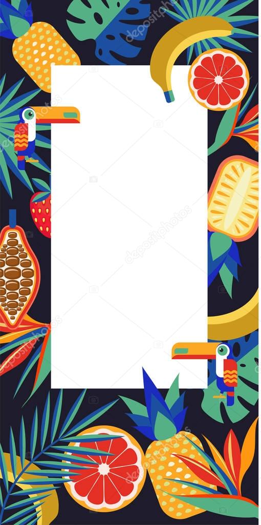 Vector tropical frame with place for text. Vivid illustration with tropical fruits, birds Toucan, palm leaves.