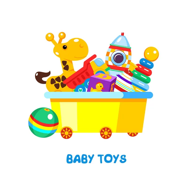 Hračky pro děti v krabičce. Vektorové ilustrace, izolované na bílém pozadí. V poli žirafa, pyramida, raketa, truck, kostky, ball, top. — Stockový vektor