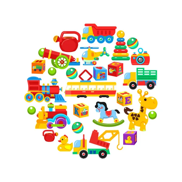 Una serie di giocattoli per bambini, disposti in cerchio. Illustrazione vettoriale — Vettoriale Stock