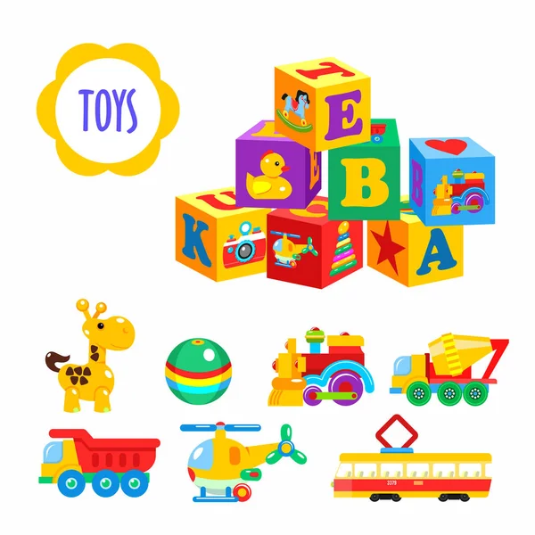 Set van vector-kinderspeelgoed. Geïsoleerd op een witte achtergrond. Met inbegrip van kubussen, locomotief, giraffe, cement mixer, Kipper, tram, helikopter, bal. — Stockvector