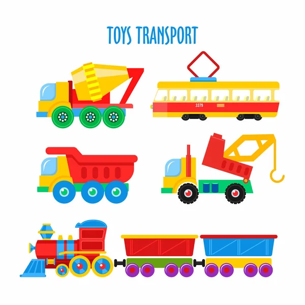 Set di giocattoli vettoriali per bambini. Trasporto. Isolato su sfondo bianco. Compreso il treno, dumper, camion, tram, mixer, gru . — Vettoriale Stock