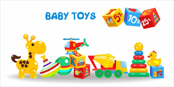 Speelgoed, grote set. Vector illustratie. Inclusief blokjes, giraffe, mixer, bal, piramide, eend, helikopter, bal. Kortingen, verkoop. — Stockvector