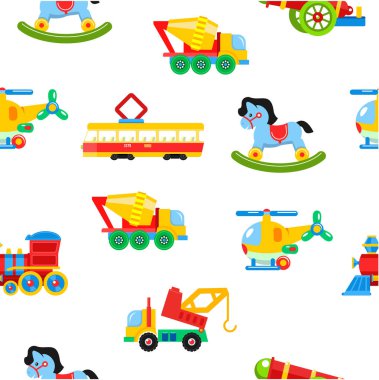 Bebek oyuncak seamless modeli. Vektör çizim. Bir grup çocuk oyuncak arabalar ve araçlar.