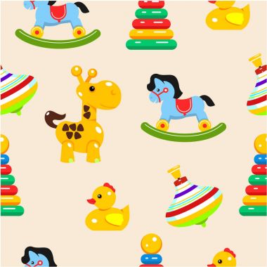 Bebek oyuncak seamless modeli. Vektör çizim. Çocukların oyuncakları bir dizi.