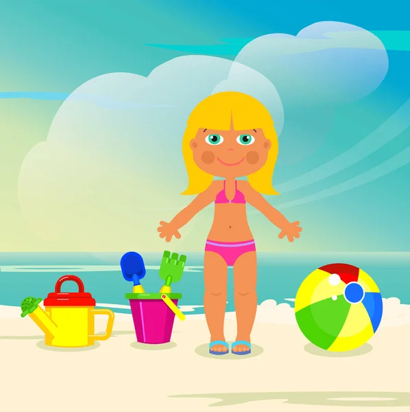 Menina na praia brincando com seus brinquedos. Ilustração vetorial . —  Vetores de Stock