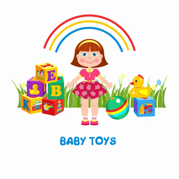 Des jouets pour enfants. Illustration vectorielle. Fille, boule, canard et cubes — Image vectorielle
