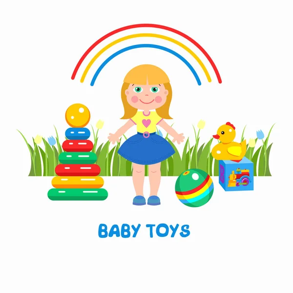 Des jouets pour enfants. Illustration vectorielle. Une fille, une pyramide, une balle, un canard et un cube. — Image vectorielle